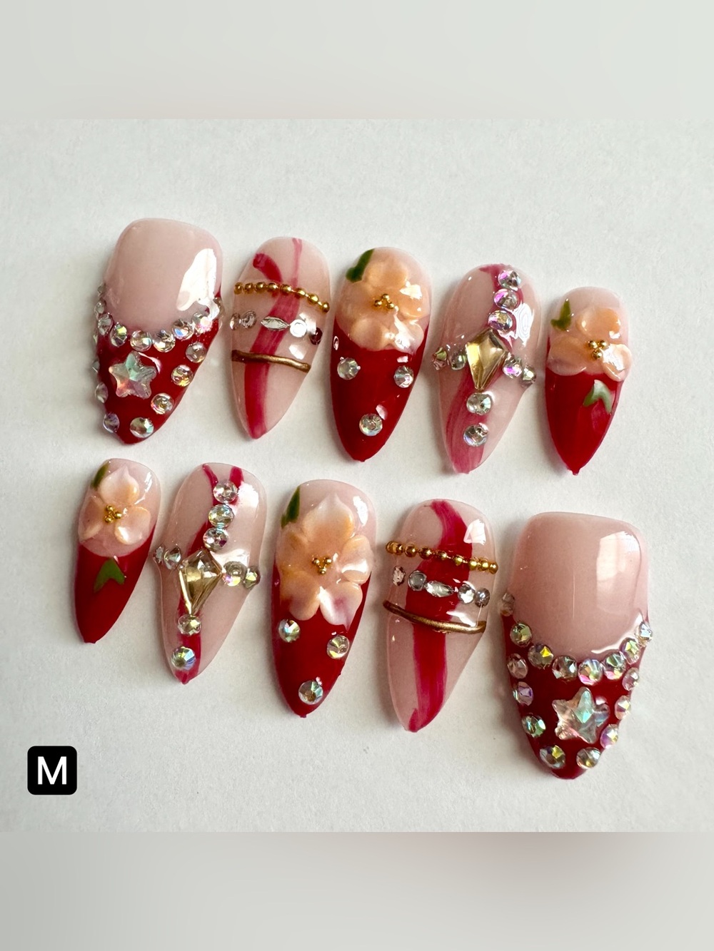 Red & Nude 3D Floral Rhinestone Press-On Nails